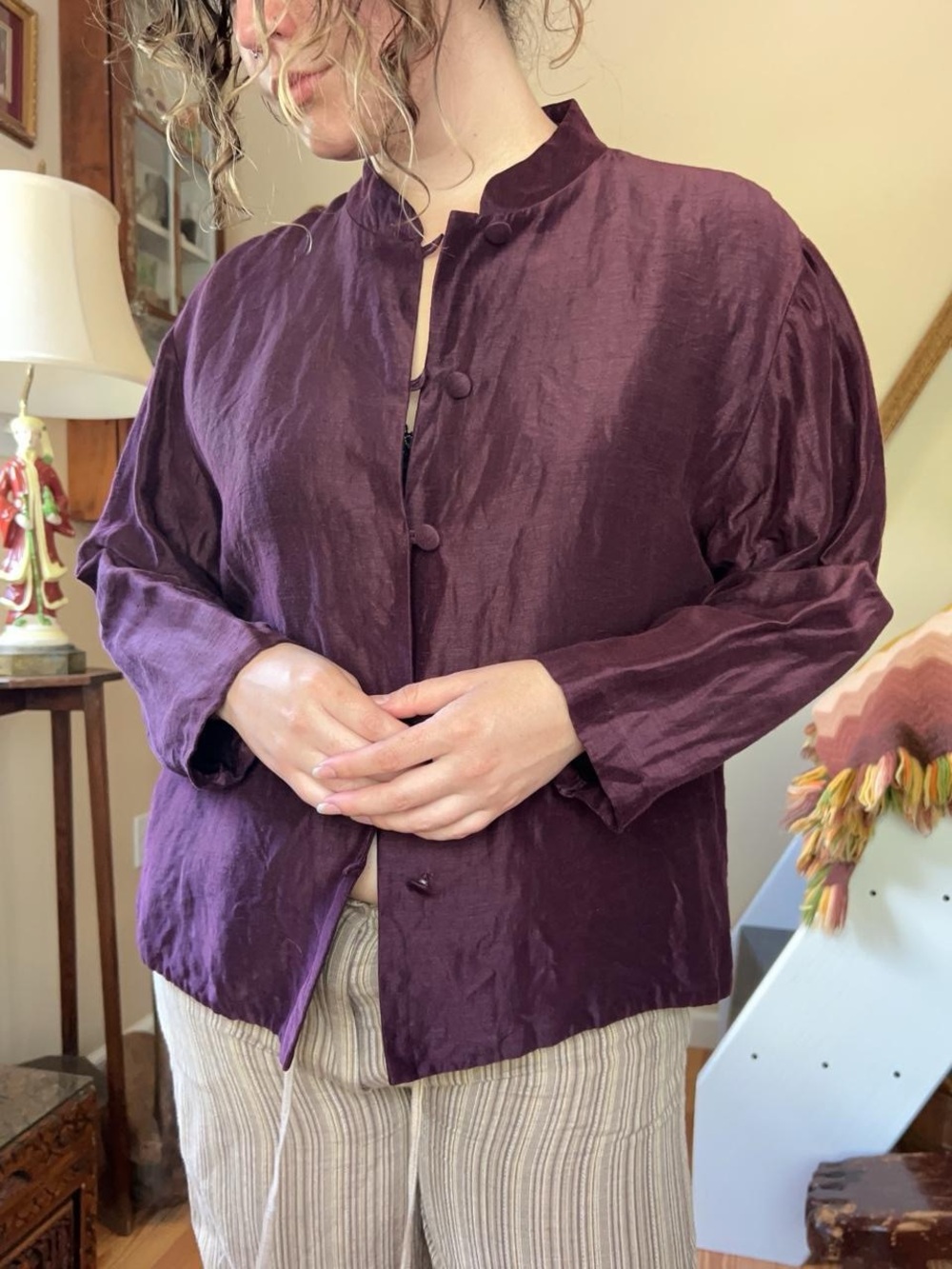 Eileen Fisher plum Purple Linen & Silk Button up Blouse Mandarin Collar Large